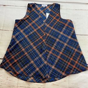 Calvin Klein blue orange plaid v neck sleeveless tank blouse top NWT womens S